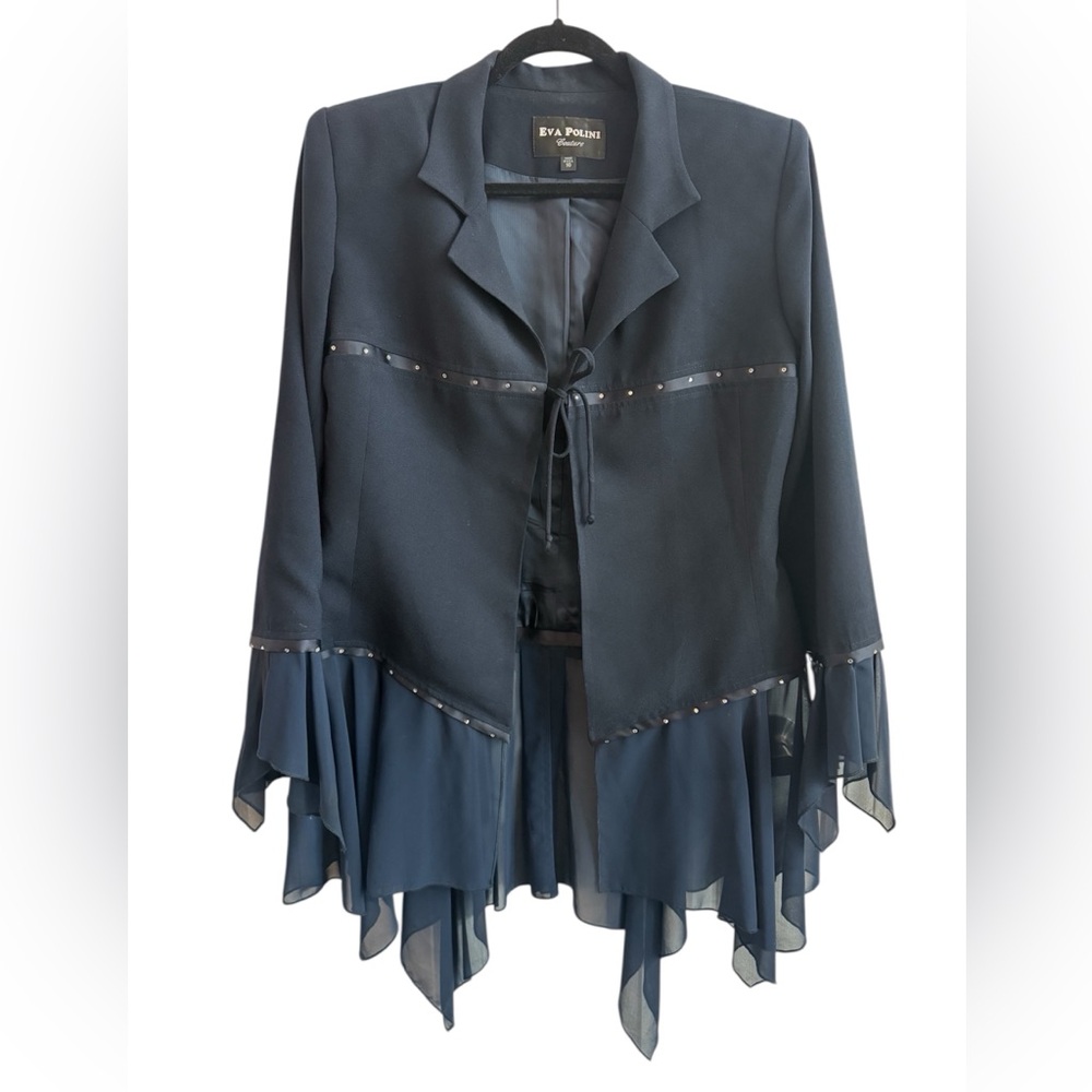 EVA POLINI COUTURE Vintage Navy Blue Jacket w/ Rhinestone & Sheer Detail Sz 10